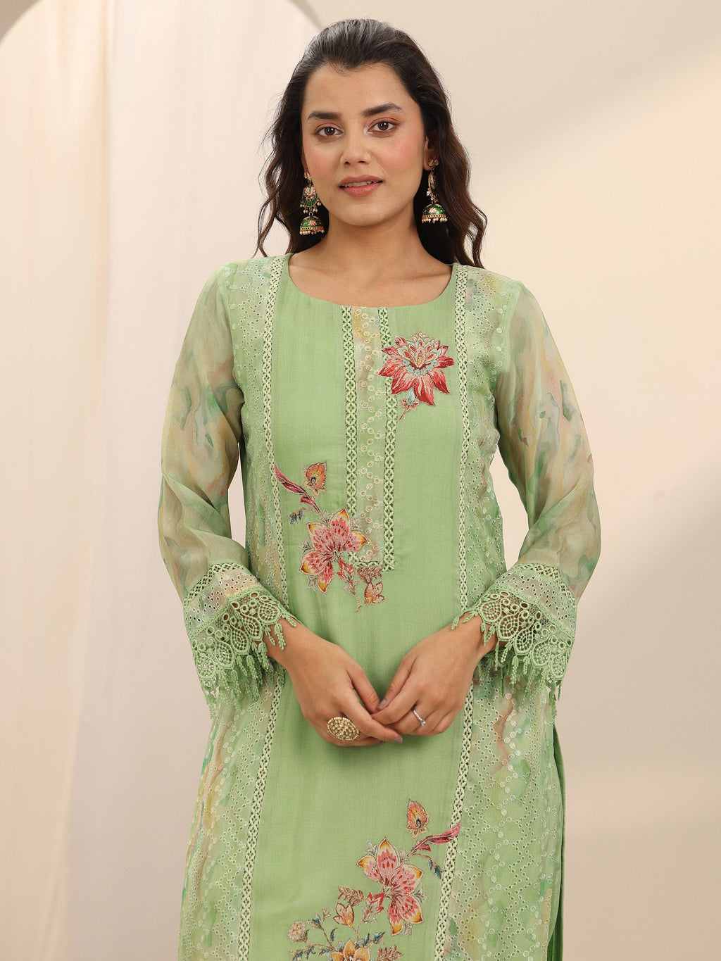 Libas Green Printed Organza Straight Suit Set With Dupatta