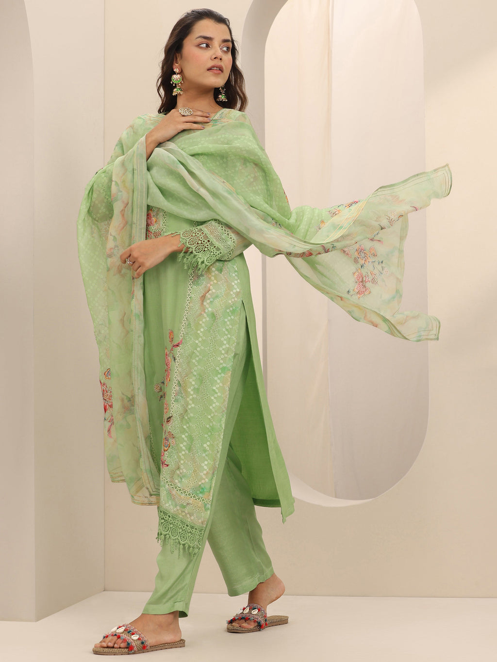 Libas Green Printed Organza Straight Suit Set With Dupatta