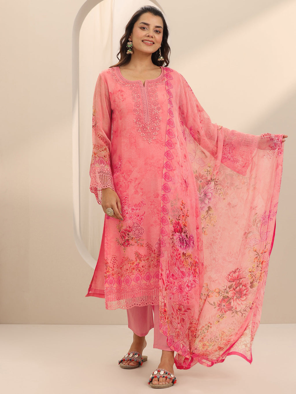 Libas Coral Printed Organza Straight Suit Set With Dupatta