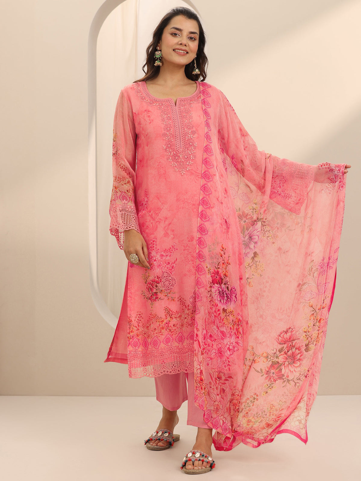 Libas Coral Printed Organza Straight Suit Set With Dupatta