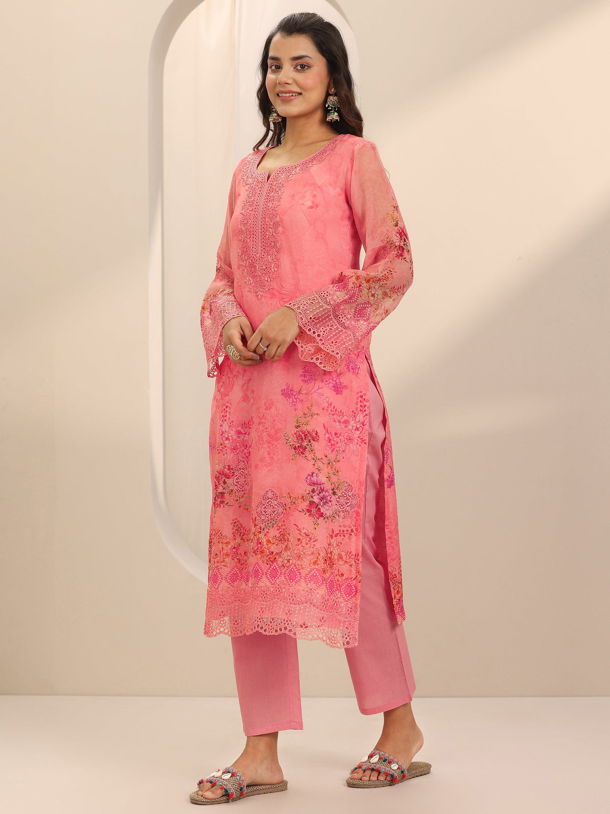 Libas Coral Printed Organza Straight Suit Set With Dupatta