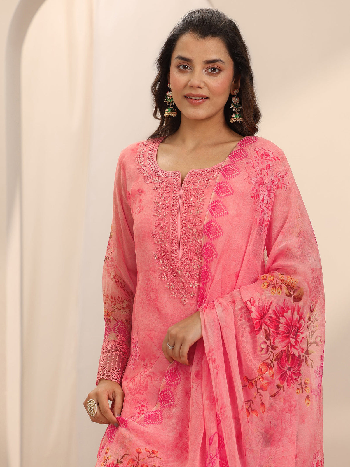 Libas Coral Printed Organza Straight Suit Set With Dupatta