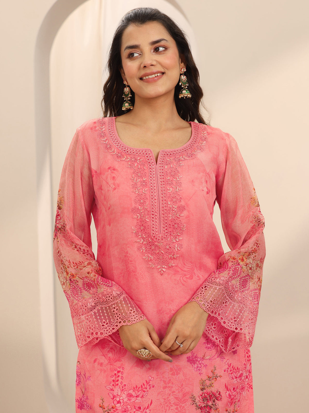 Libas Coral Printed Organza Straight Suit Set With Dupatta