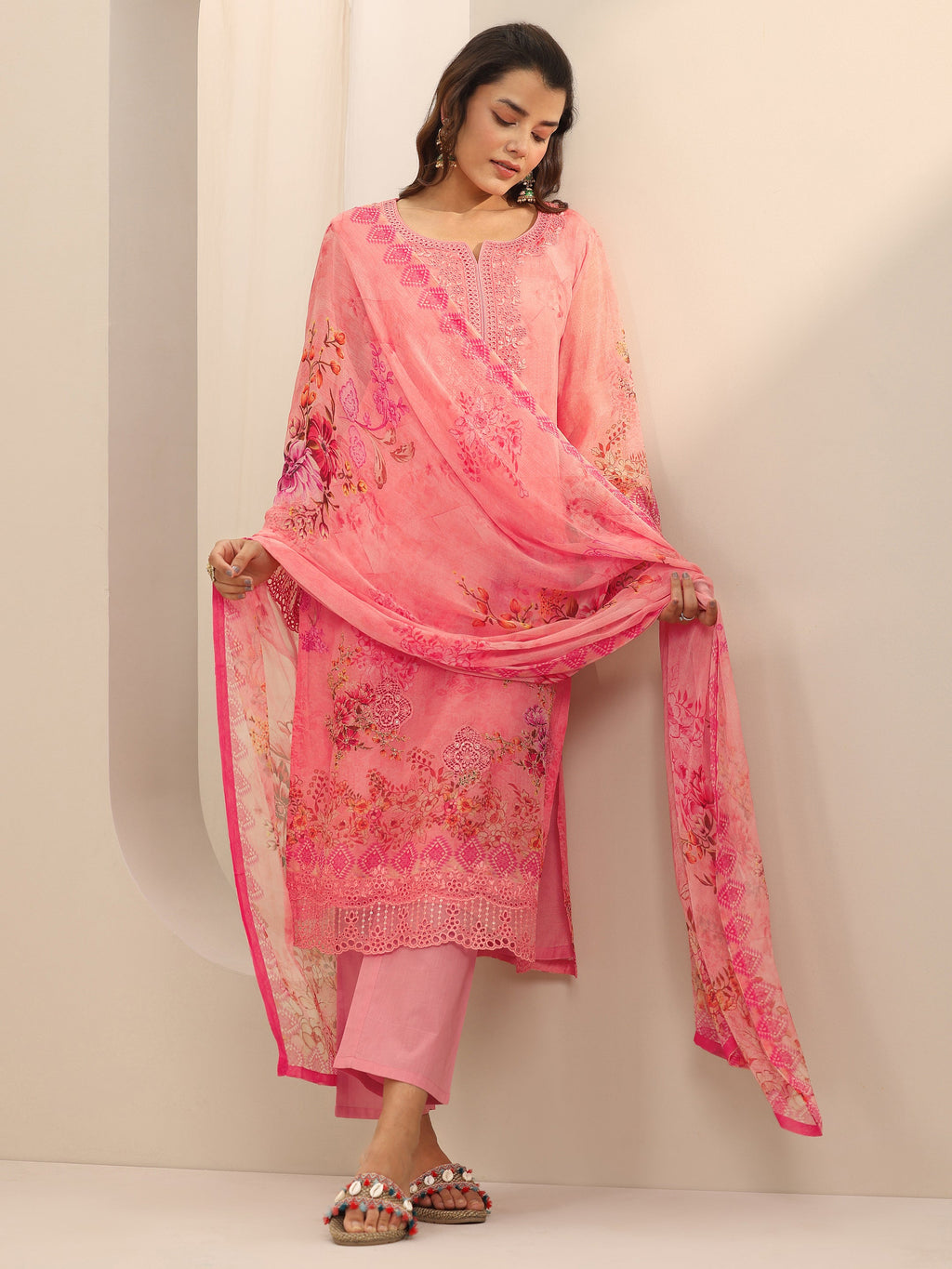 Libas Coral Printed Organza Straight Suit Set With Dupatta
