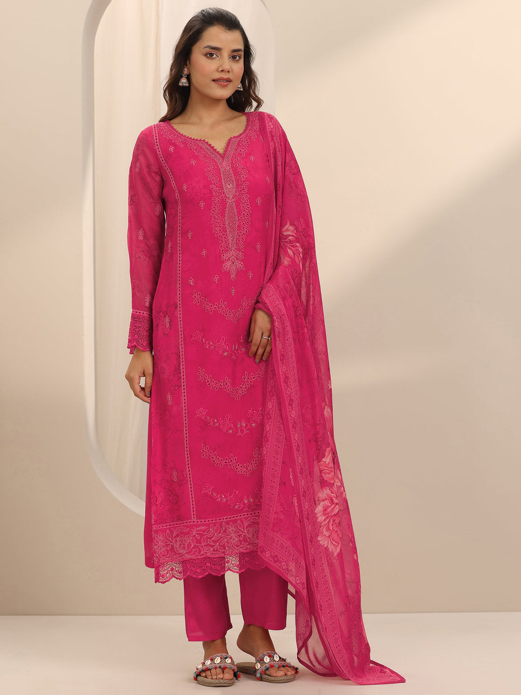 Libas Pink Embroidered Organza Straight Suit Set With Dupatta