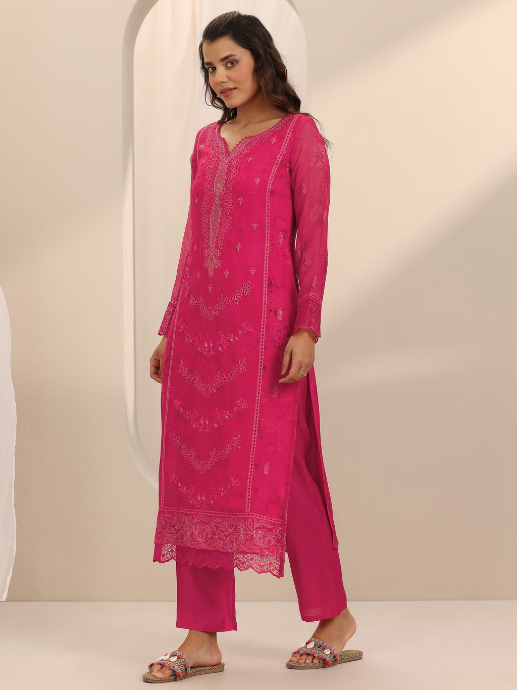Libas Pink Embroidered Organza Straight Suit Set With Dupatta
