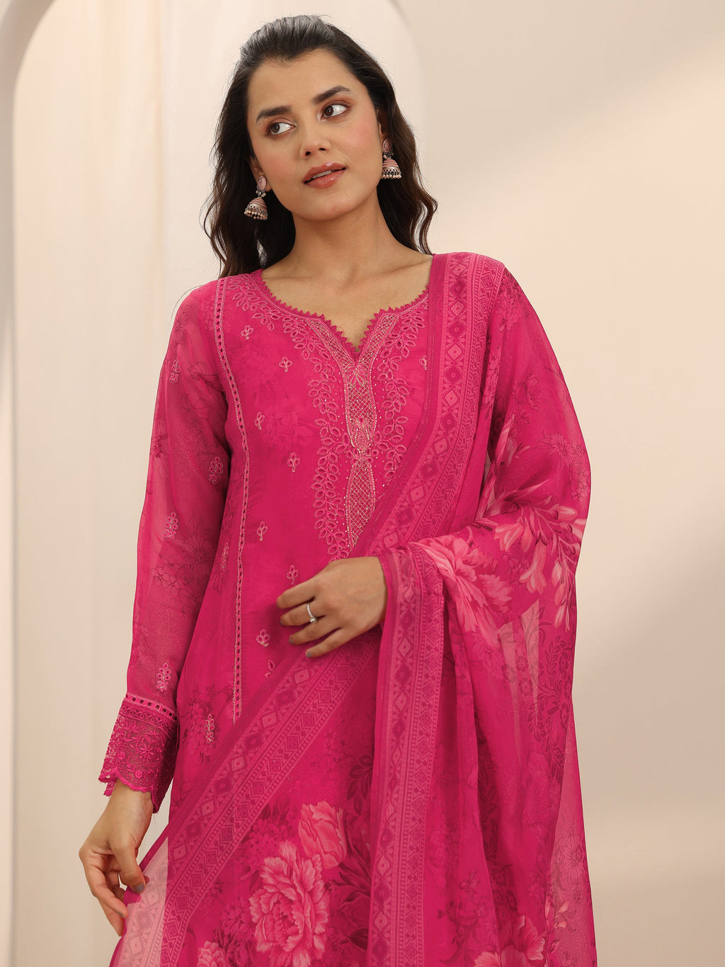 Libas Pink Embroidered Organza Straight Suit Set With Dupatta