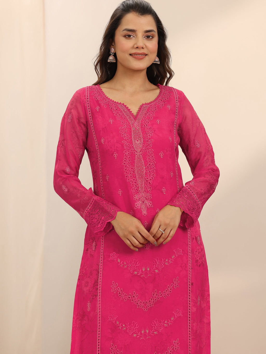 Libas Pink Embroidered Organza Straight Suit Set With Dupatta