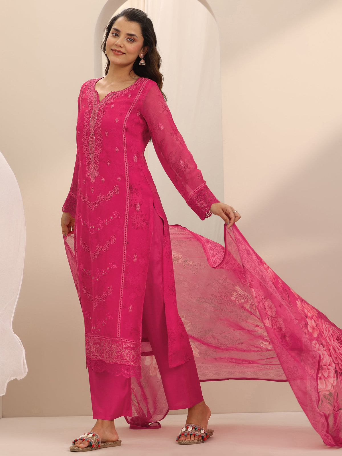 Libas Pink Embroidered Organza Straight Suit Set With Dupatta