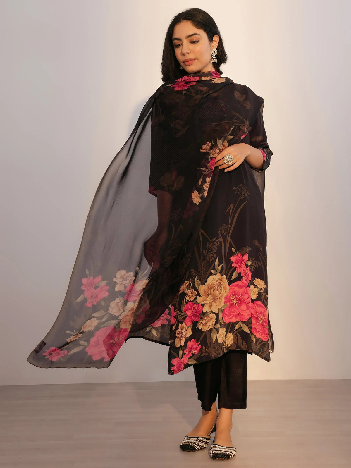 Libas Black Printed Silk Blend Straight Suit With Dupatta