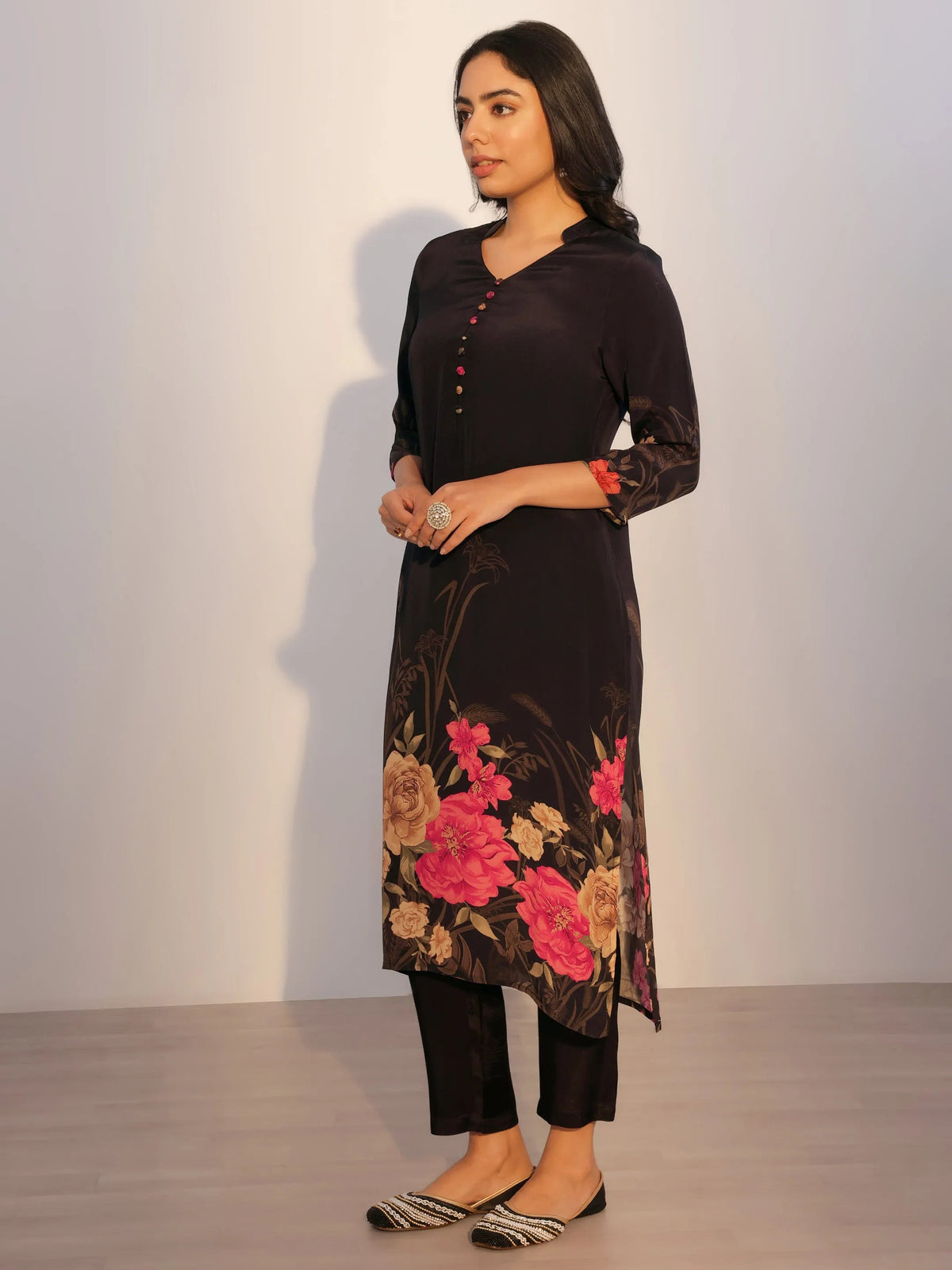Libas Black Printed Silk Blend Straight Suit With Dupatta