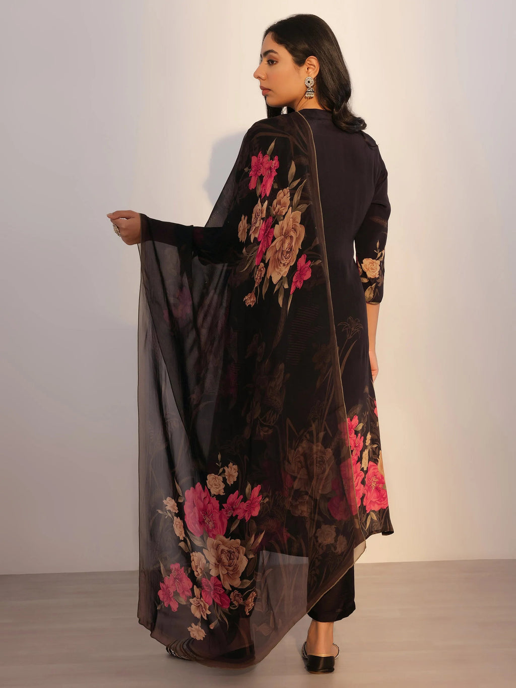 Libas Black Printed Silk Blend Straight Suit With Dupatta