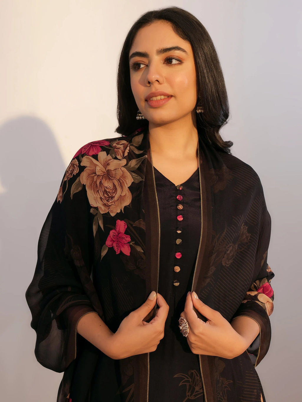 Libas Black Printed Silk Blend Straight Suit With Dupatta