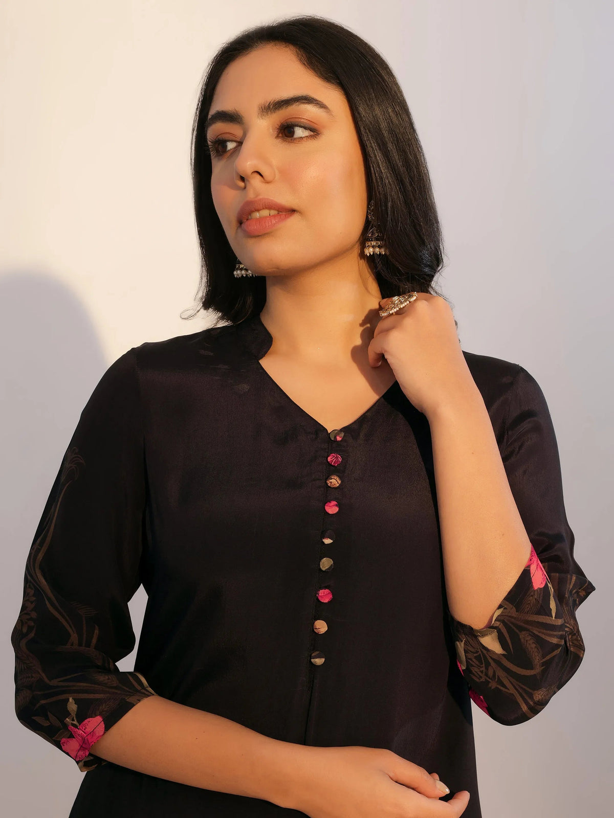 Libas Black Printed Silk Blend Straight Suit With Dupatta