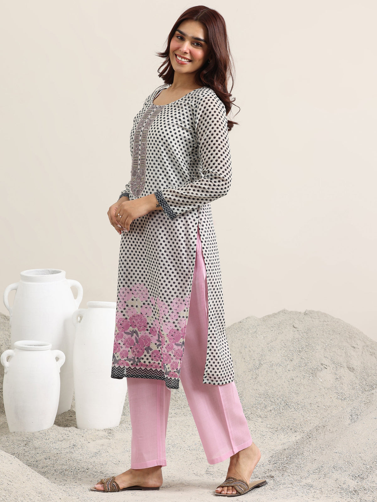 Libas Off White Printed Linen Straight Suit Set With Dupatta