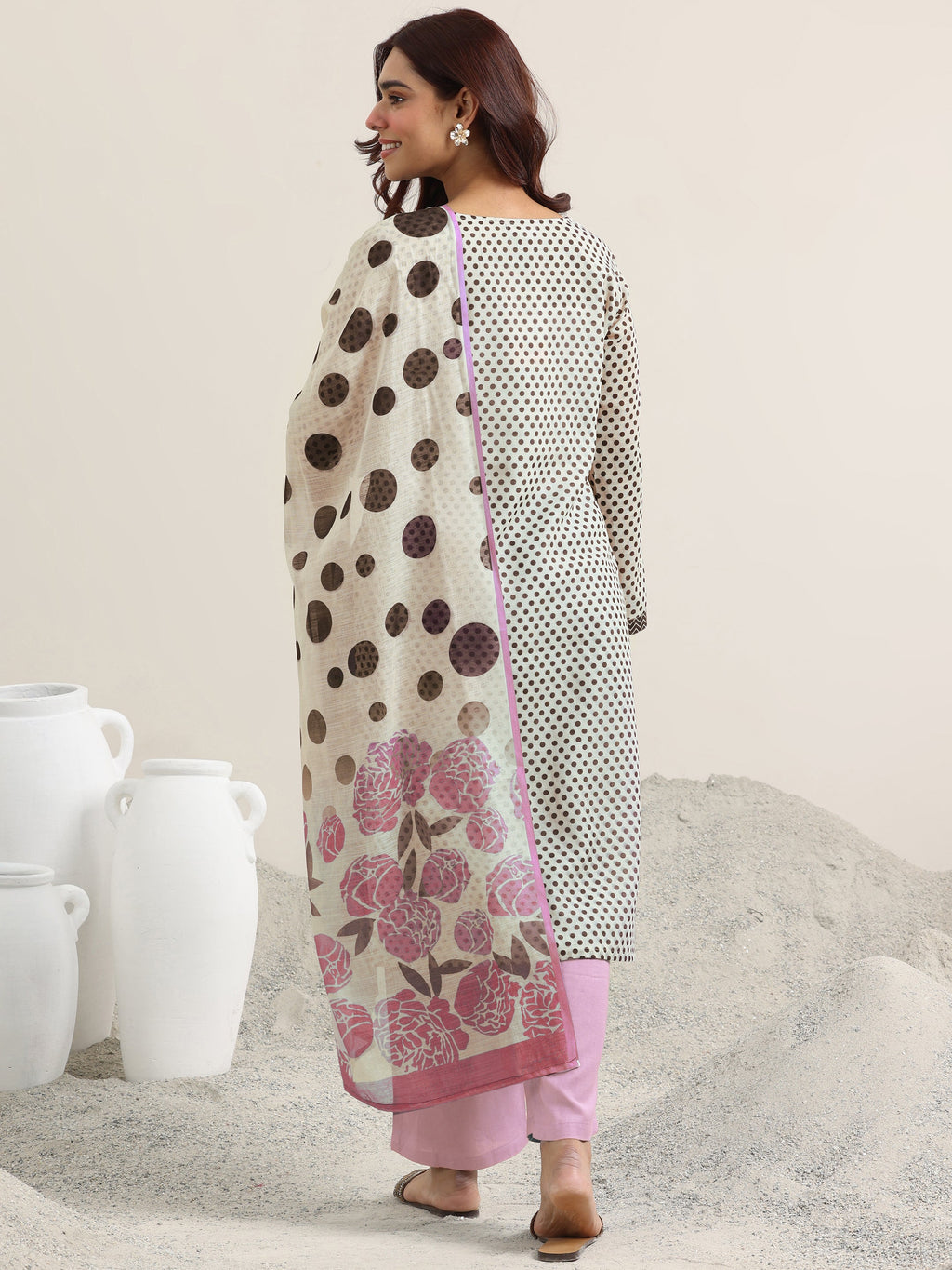 Libas Off White Printed Linen Straight Suit Set With Dupatta