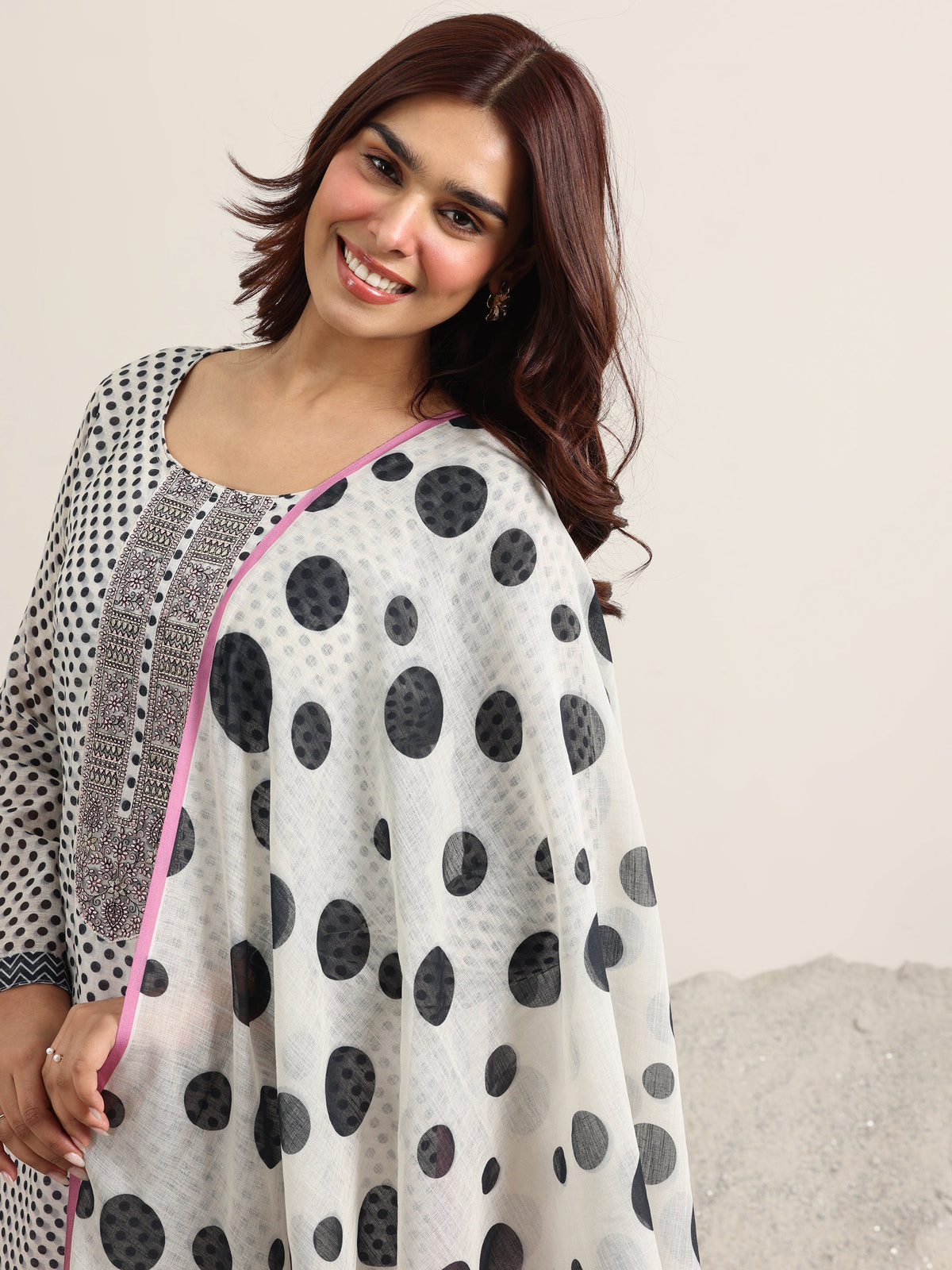 Libas Off White Printed Linen Straight Suit Set With Dupatta
