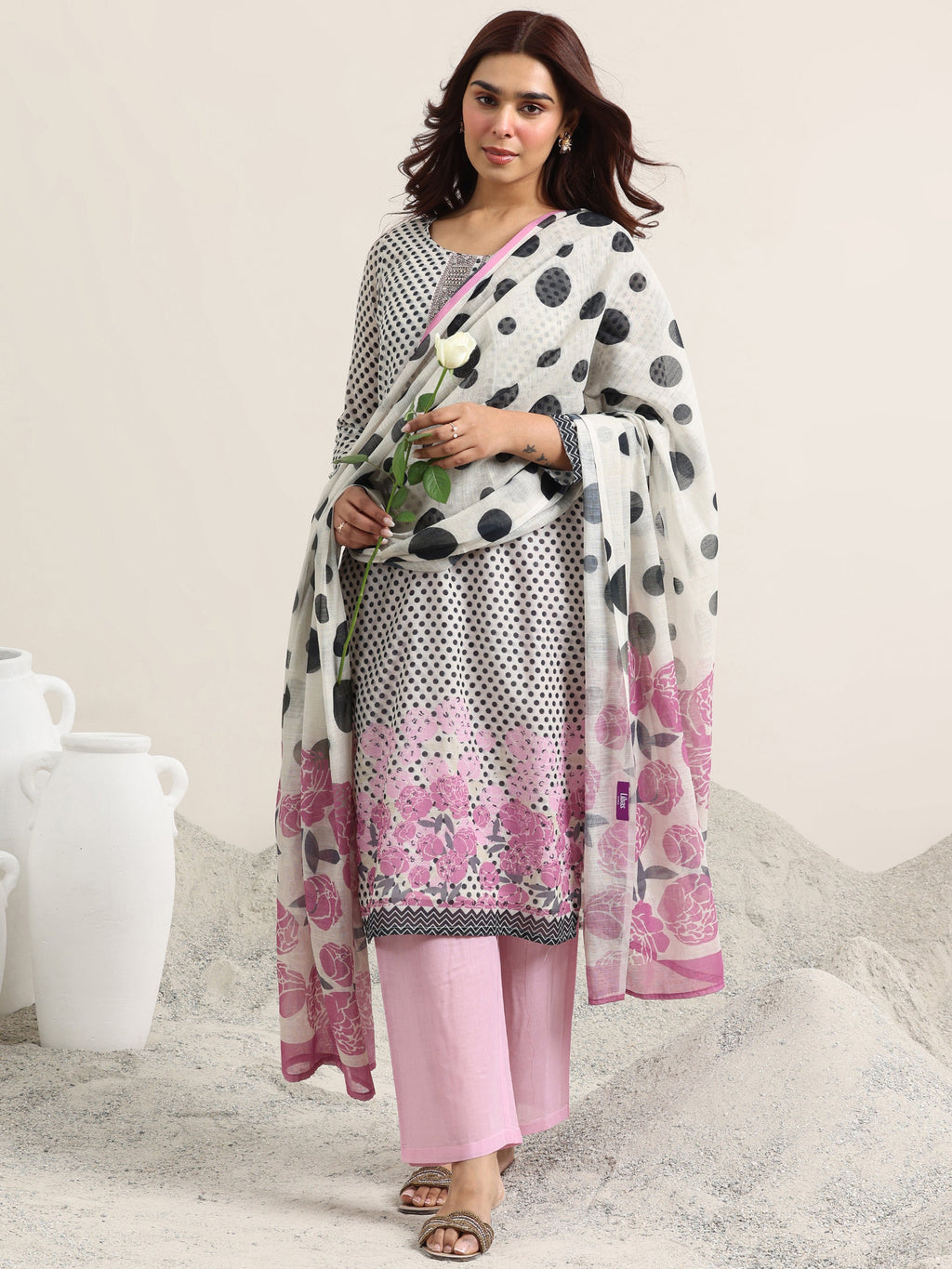 Libas Off White Printed Linen Straight Suit Set With Dupatta