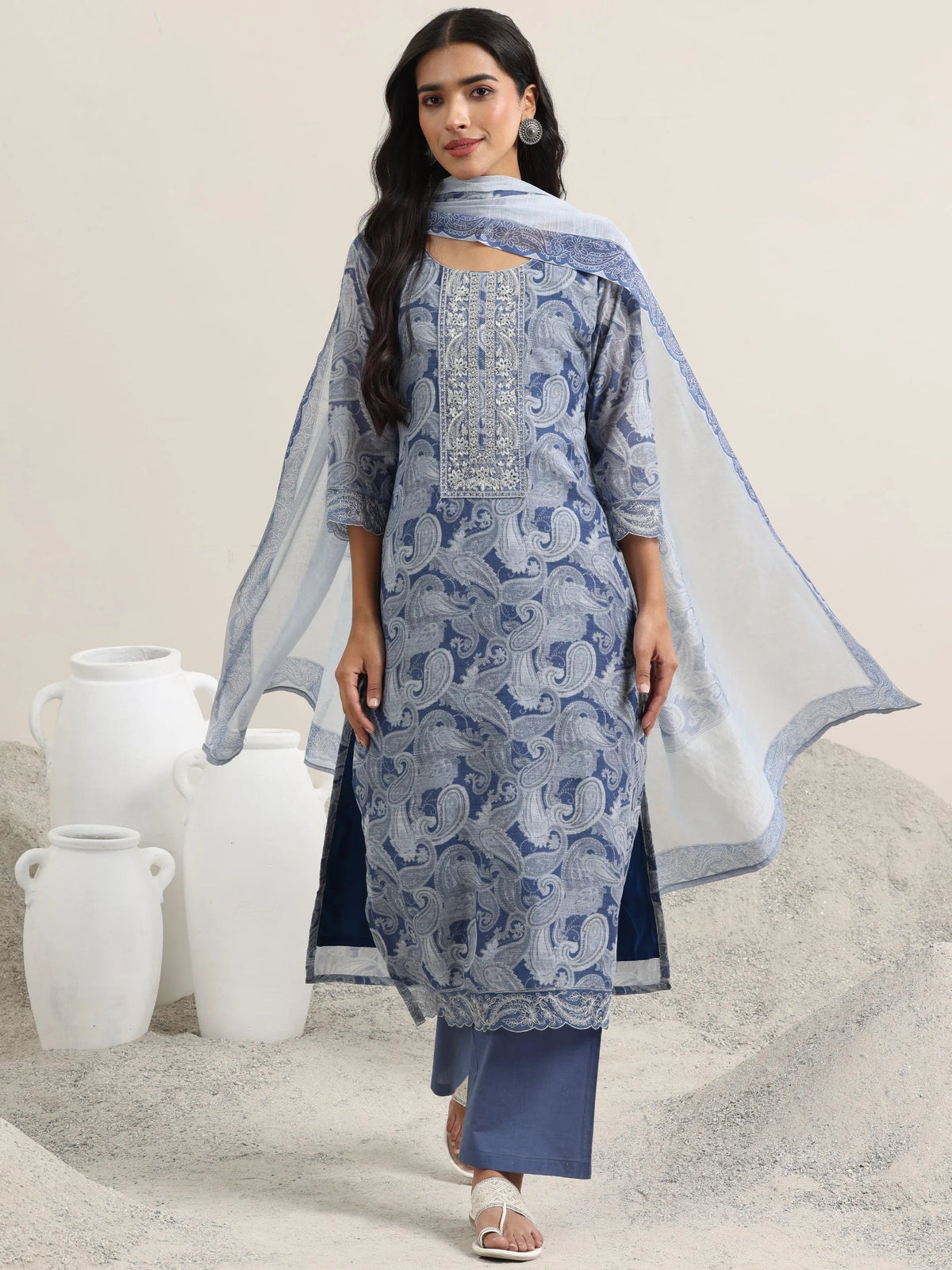 Libas Blue Printed Linen Straight Suit With Dupatta