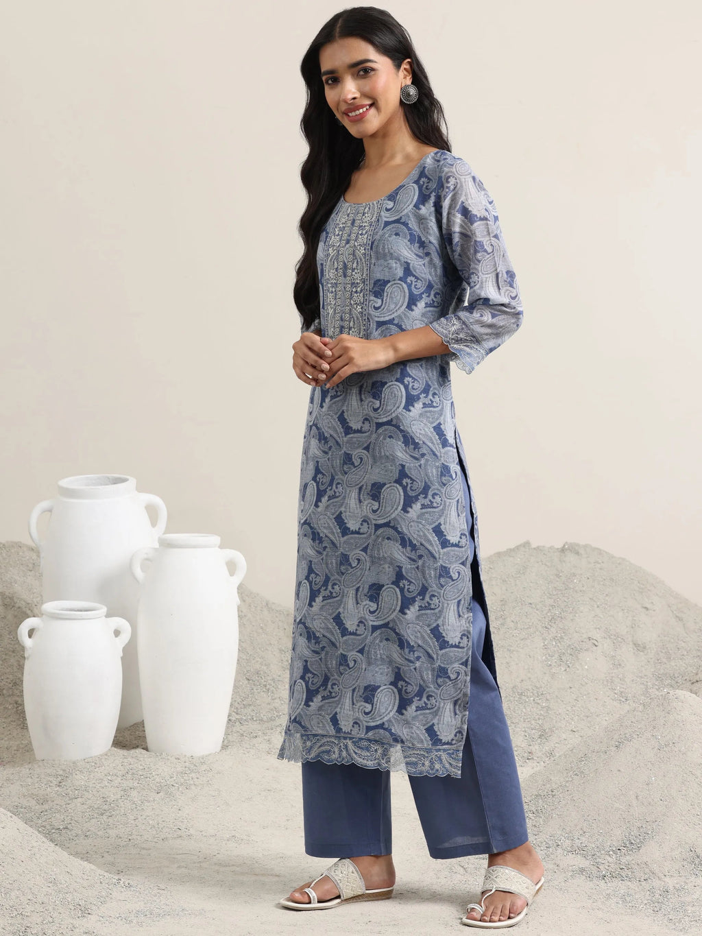 Libas Blue Printed Linen Straight Suit With Dupatta