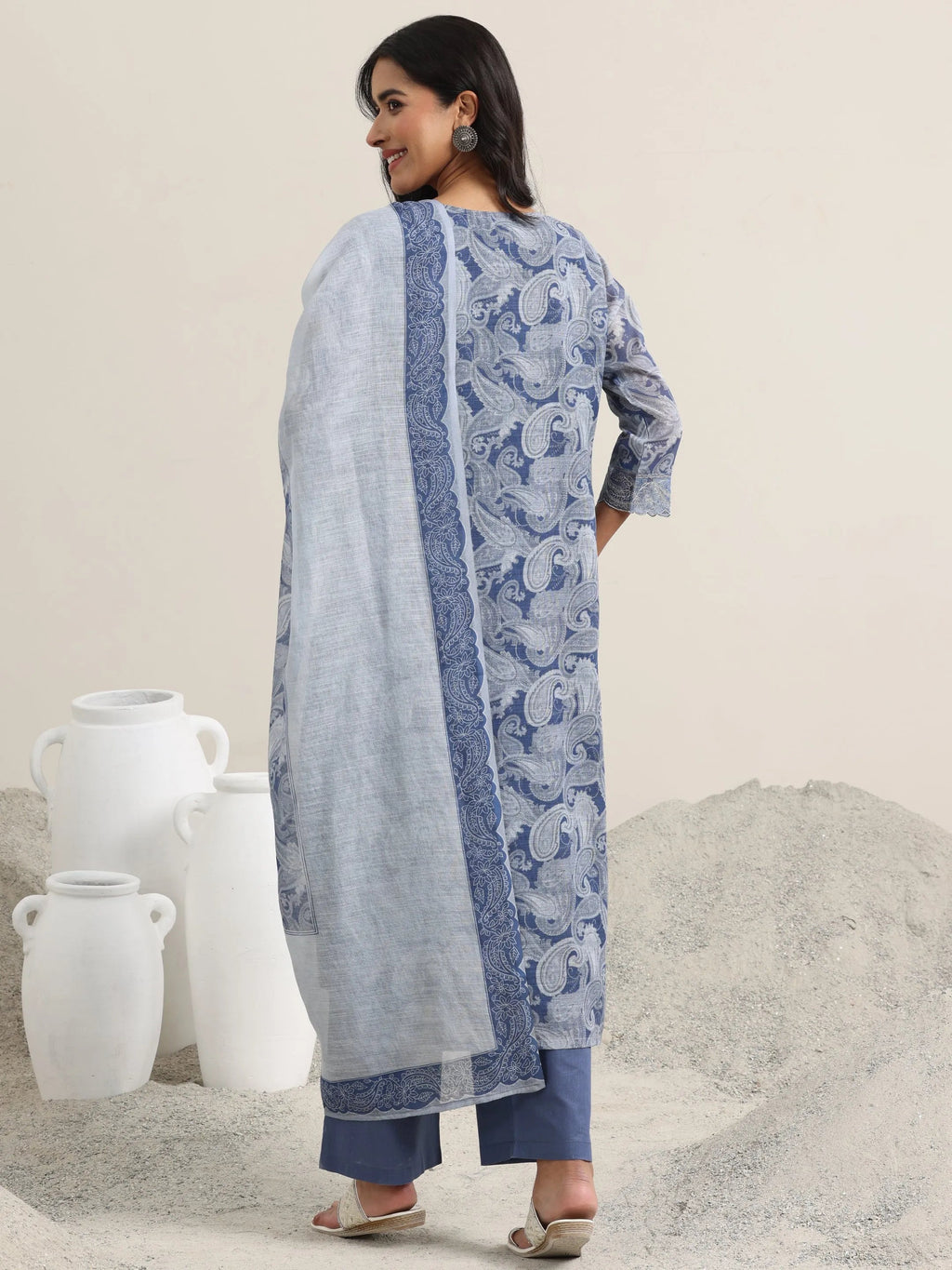 Libas Blue Printed Linen Straight Suit With Dupatta