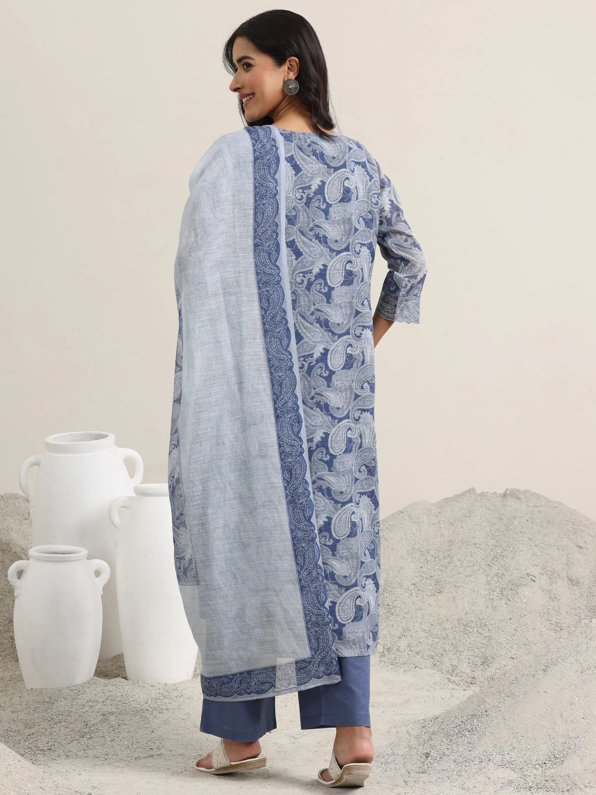 Libas Blue Printed Linen Straight Suit With Dupatta