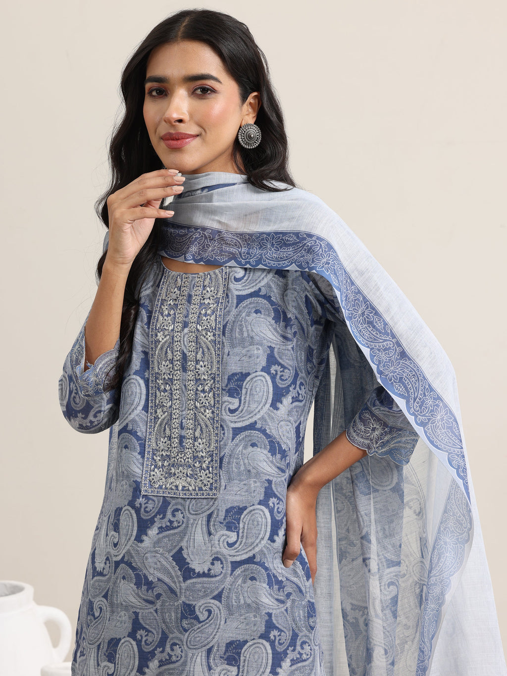 Libas Blue Printed Linen Straight Suit With Dupatta