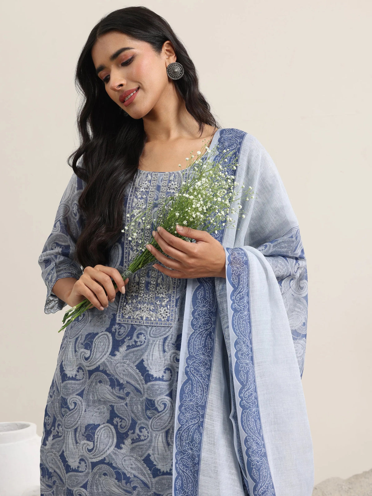Libas Blue Printed Linen Straight Suit With Dupatta