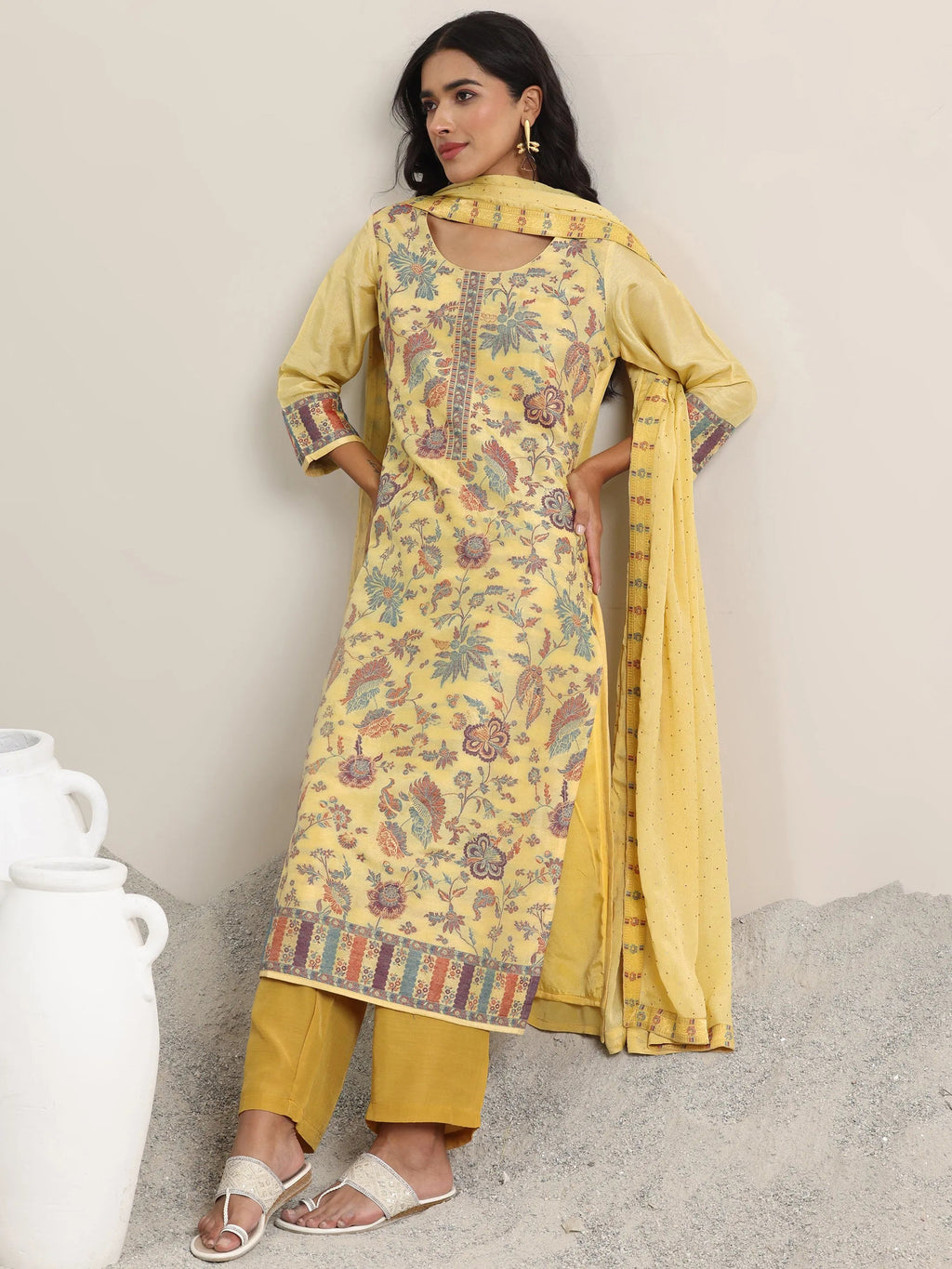 Libas Yellow Woven Design Silk Blend Straight Suit With Dupatta