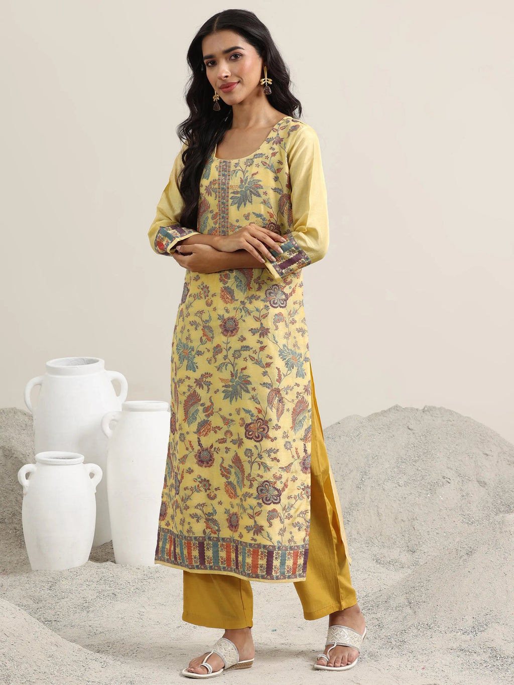 Libas Yellow Woven Design Silk Blend Straight Suit With Dupatta
