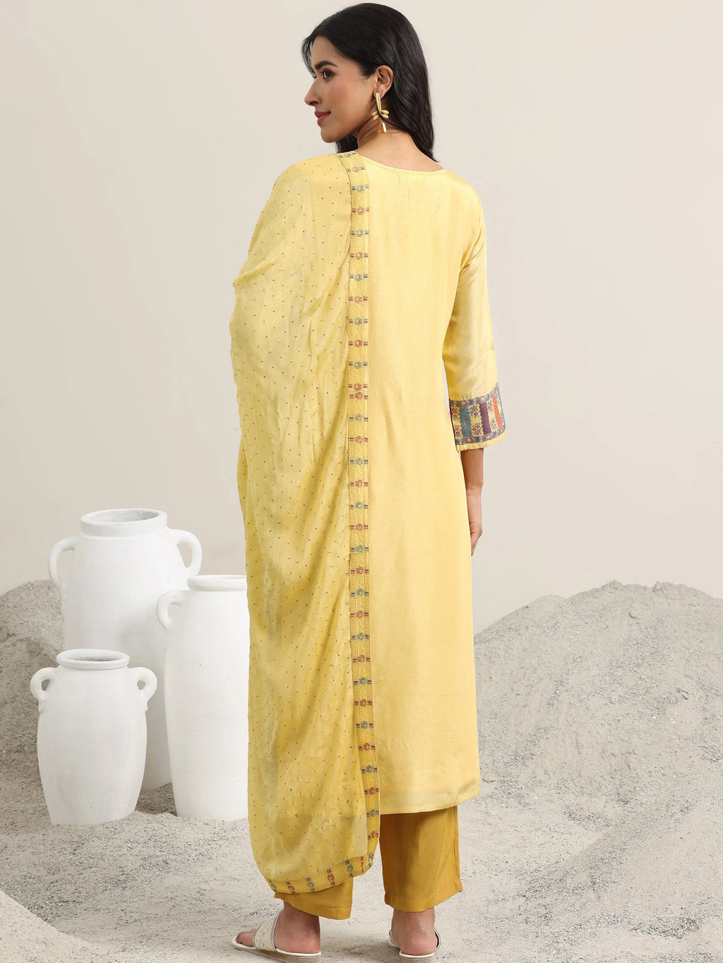Libas Yellow Woven Design Silk Blend Straight Suit With Dupatta
