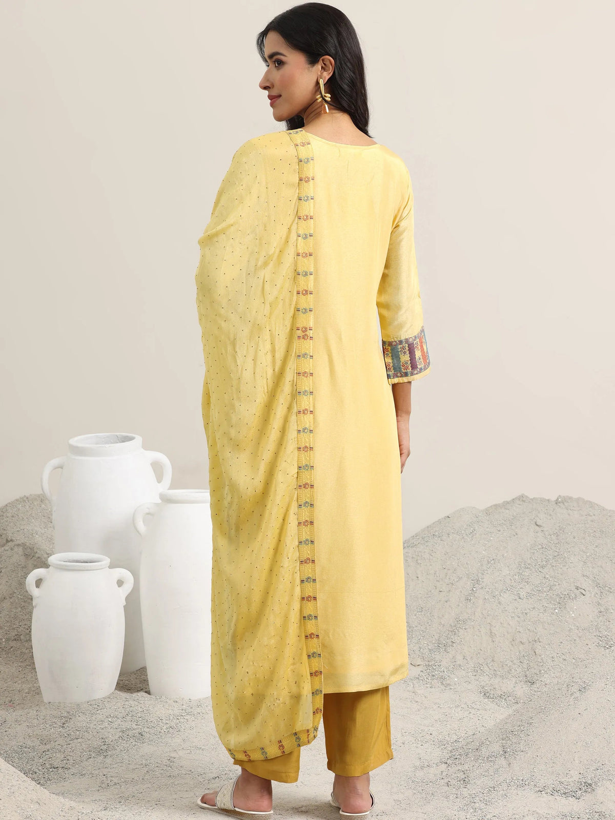 Libas Yellow Woven Design Silk Blend Straight Suit With Dupatta