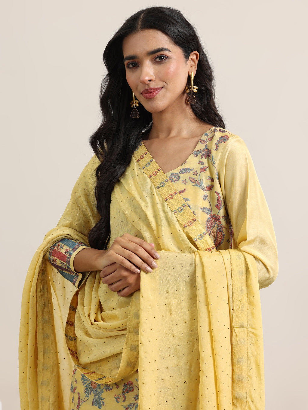 Libas Yellow Woven Design Silk Blend Straight Suit With Dupatta