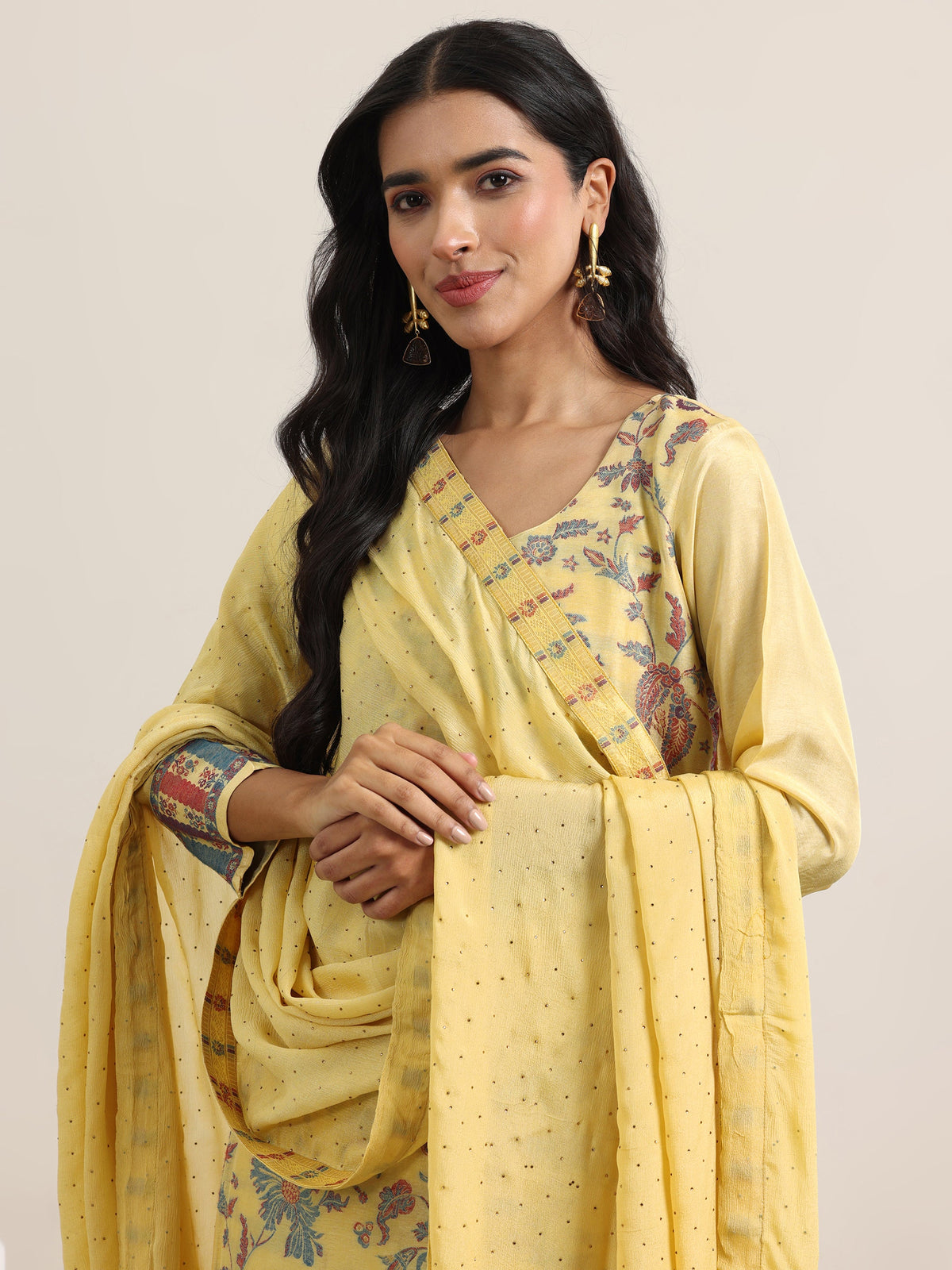 Libas Yellow Woven Design Silk Blend Straight Suit With Dupatta