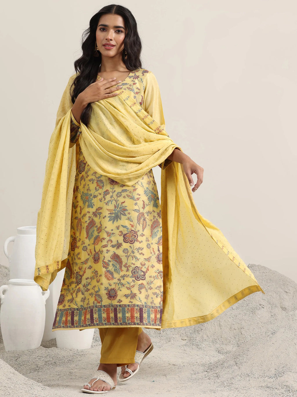 Libas Yellow Woven Design Silk Blend Straight Suit With Dupatta