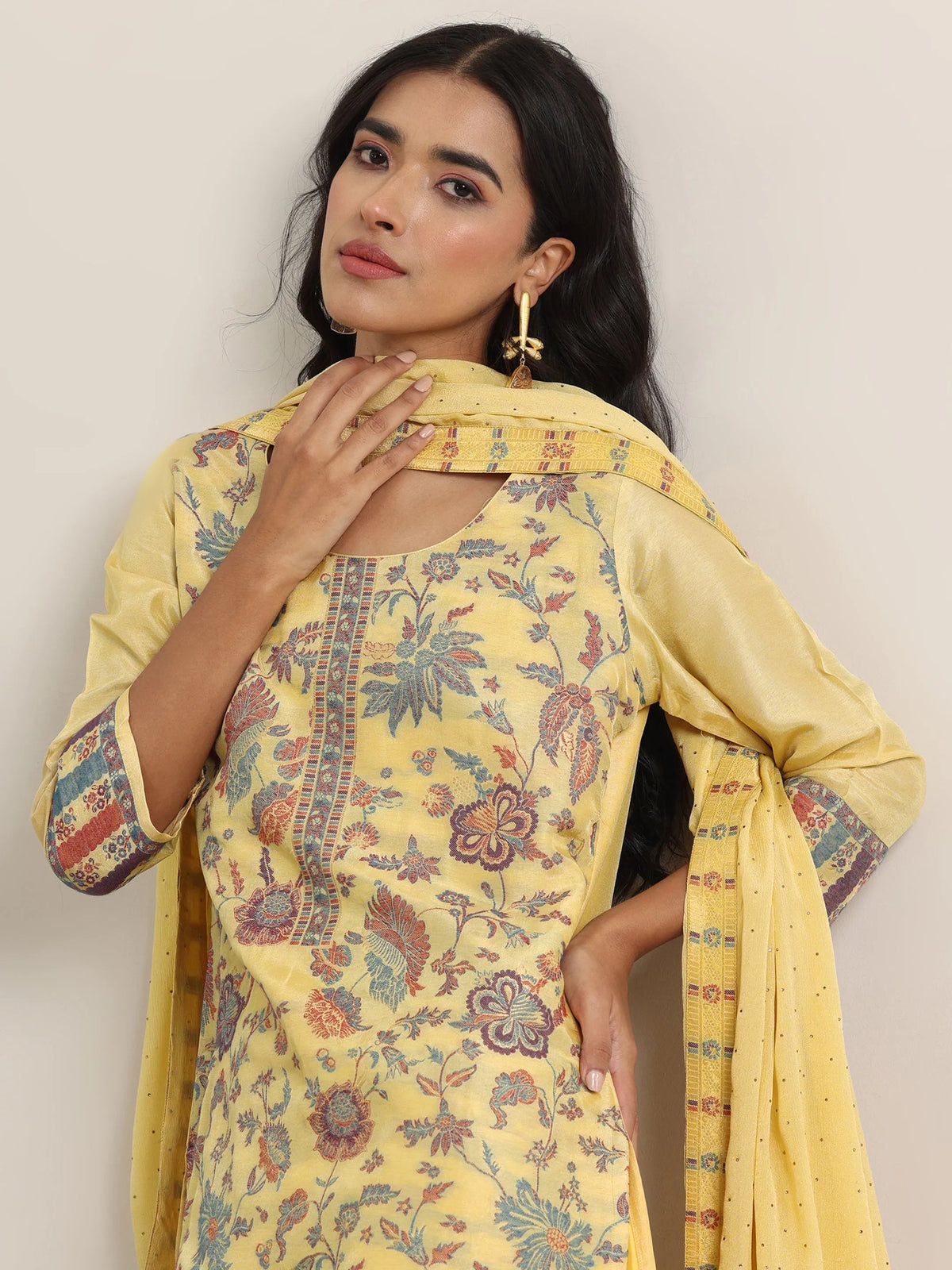 Libas Yellow Woven Design Silk Blend Straight Suit With Dupatta