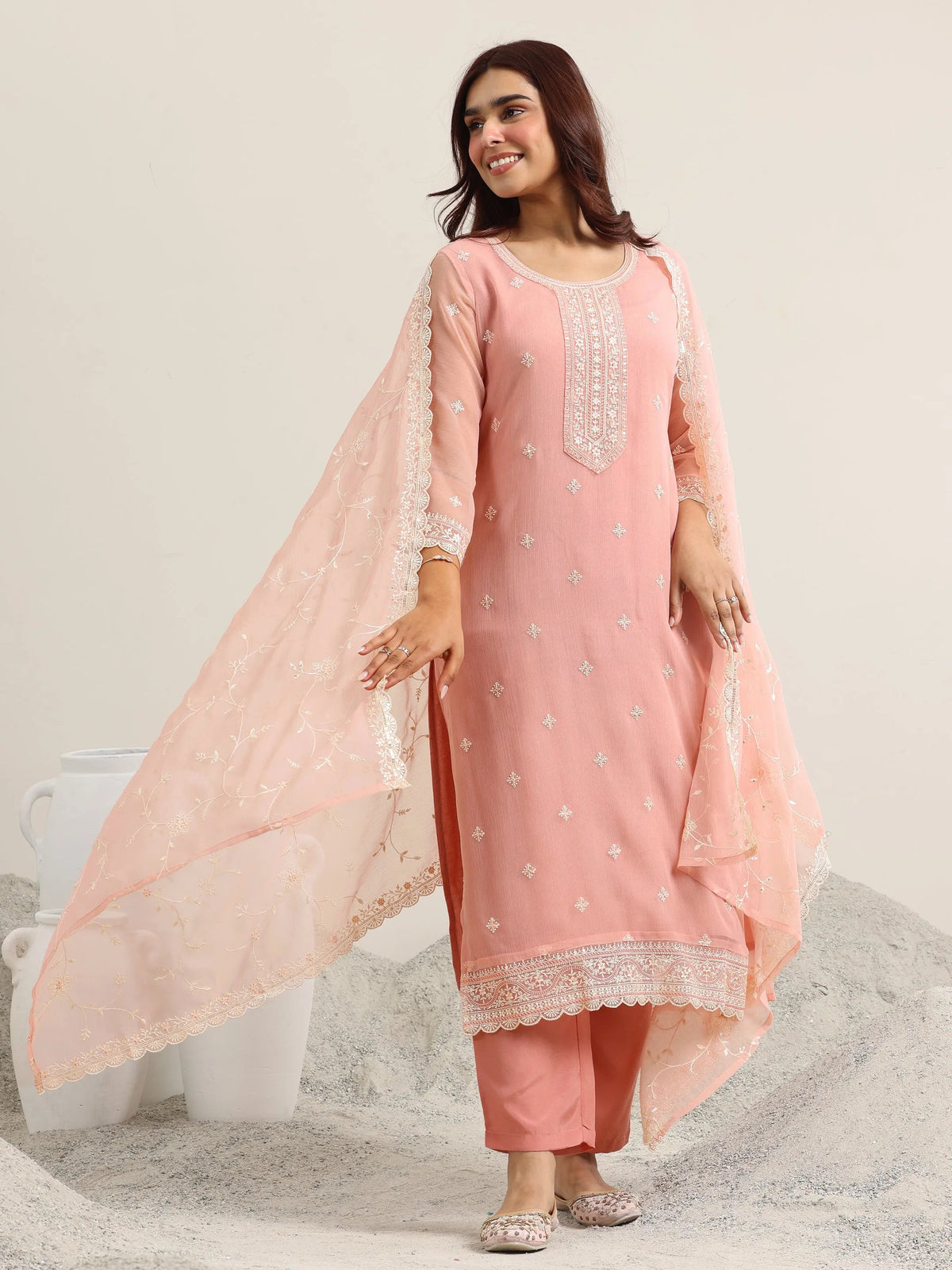 Libas Peach Embroidered Poly Chiffon Straight Suit With Dupatta