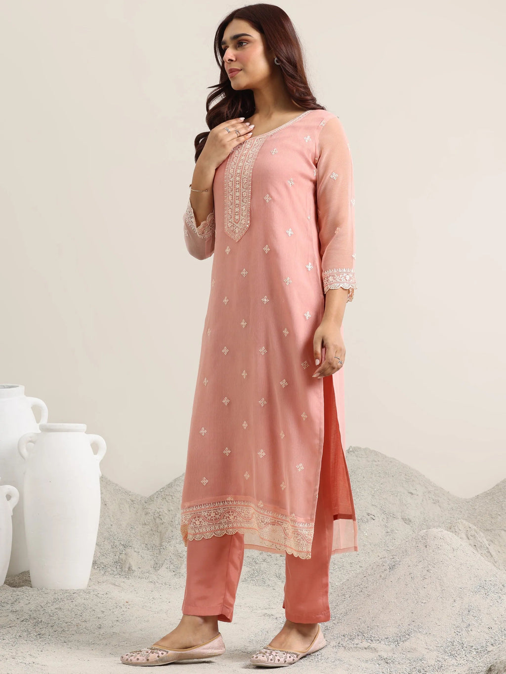 Libas Peach Embroidered Poly Chiffon Straight Suit With Dupatta