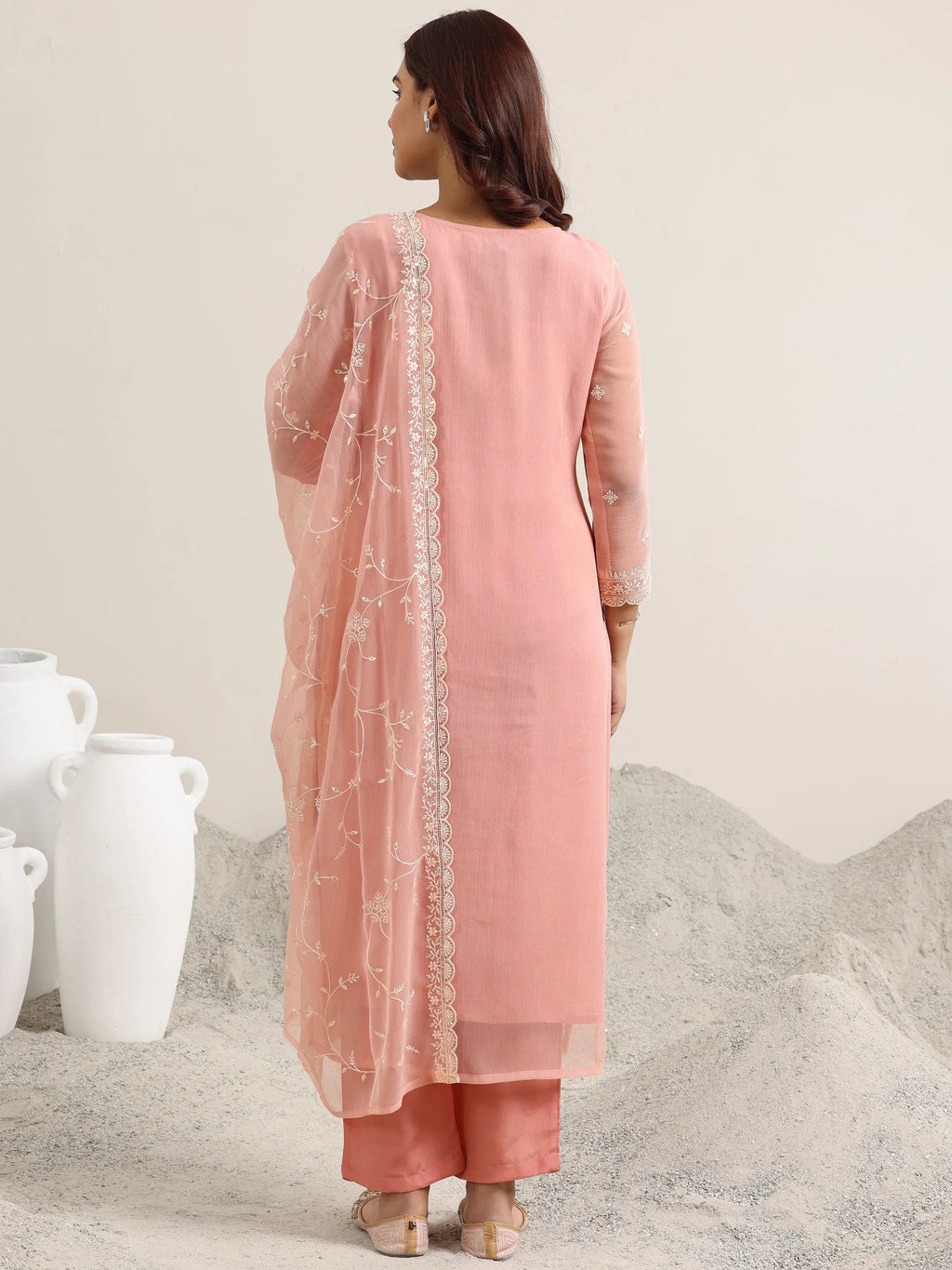 Libas Peach Embroidered Poly Chiffon Straight Suit With Dupatta