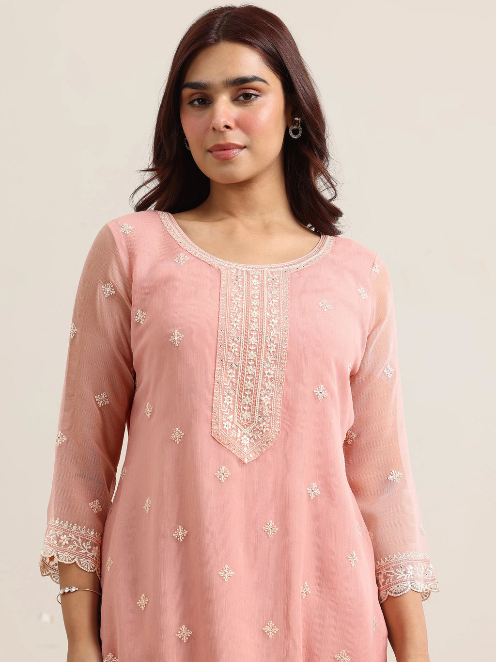 Libas Peach Embroidered Poly Chiffon Straight Suit With Dupatta