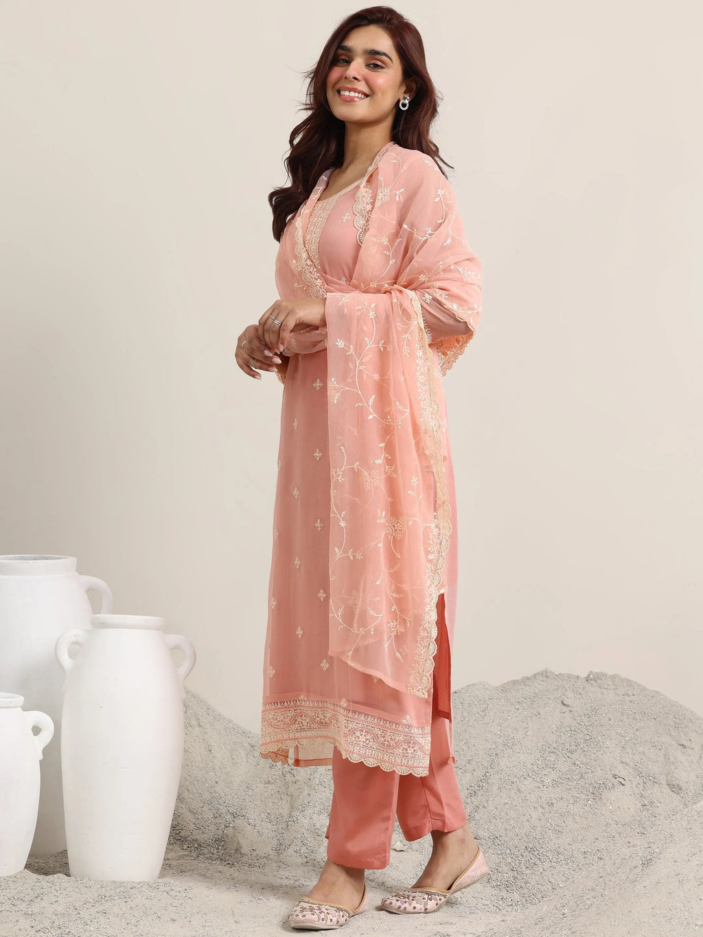 Libas Peach Embroidered Poly Chiffon Straight Suit With Dupatta