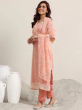 Libas Peach Embroidered Poly Chiffon Straight Suit With Dupatta