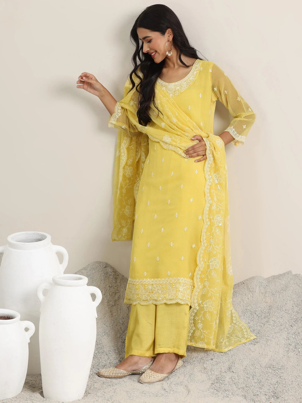 Libas Yellow Embroidered Poly Chiffon Straight Suit With Dupatta
