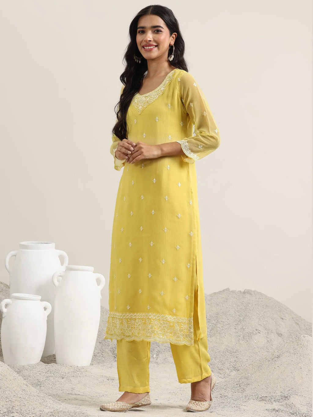 Libas Yellow Embroidered Poly Chiffon Straight Suit With Dupatta