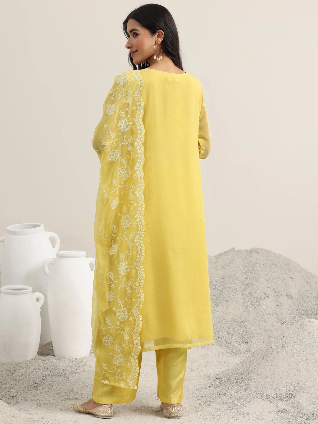 Libas Yellow Embroidered Poly Chiffon Straight Suit With Dupatta