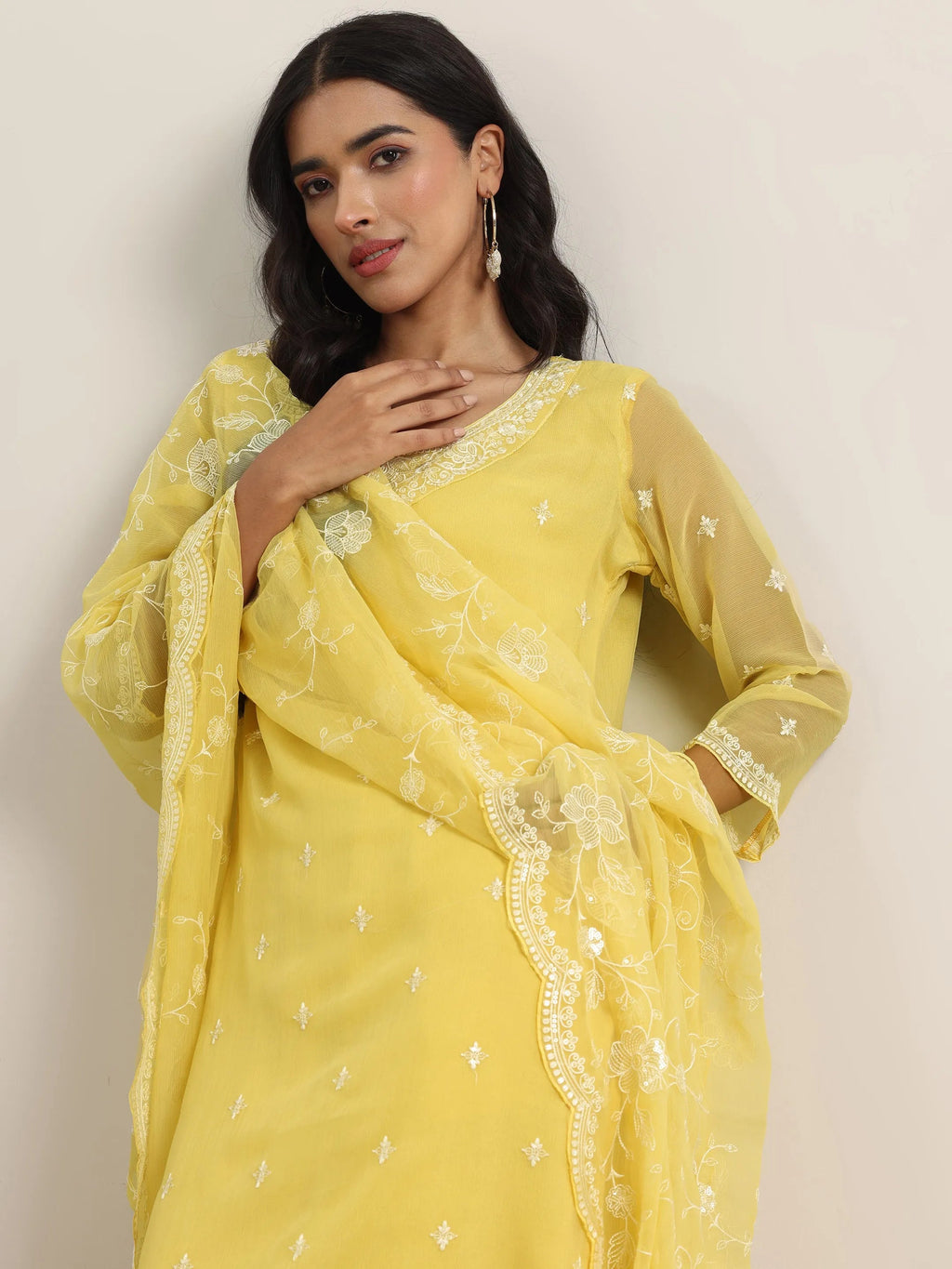 Libas Yellow Embroidered Poly Chiffon Straight Suit With Dupatta
