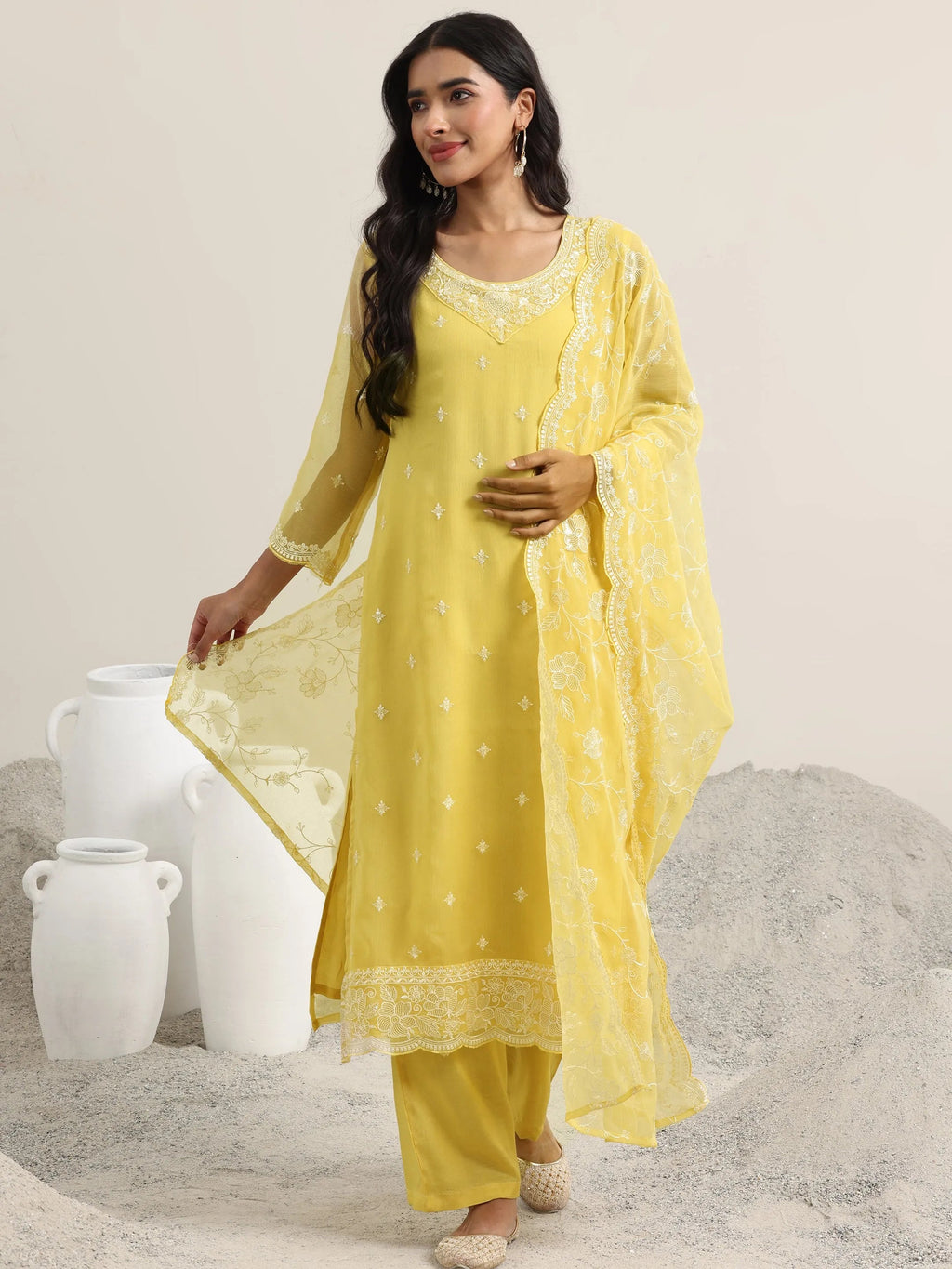 Libas Yellow Embroidered Poly Chiffon Straight Suit With Dupatta