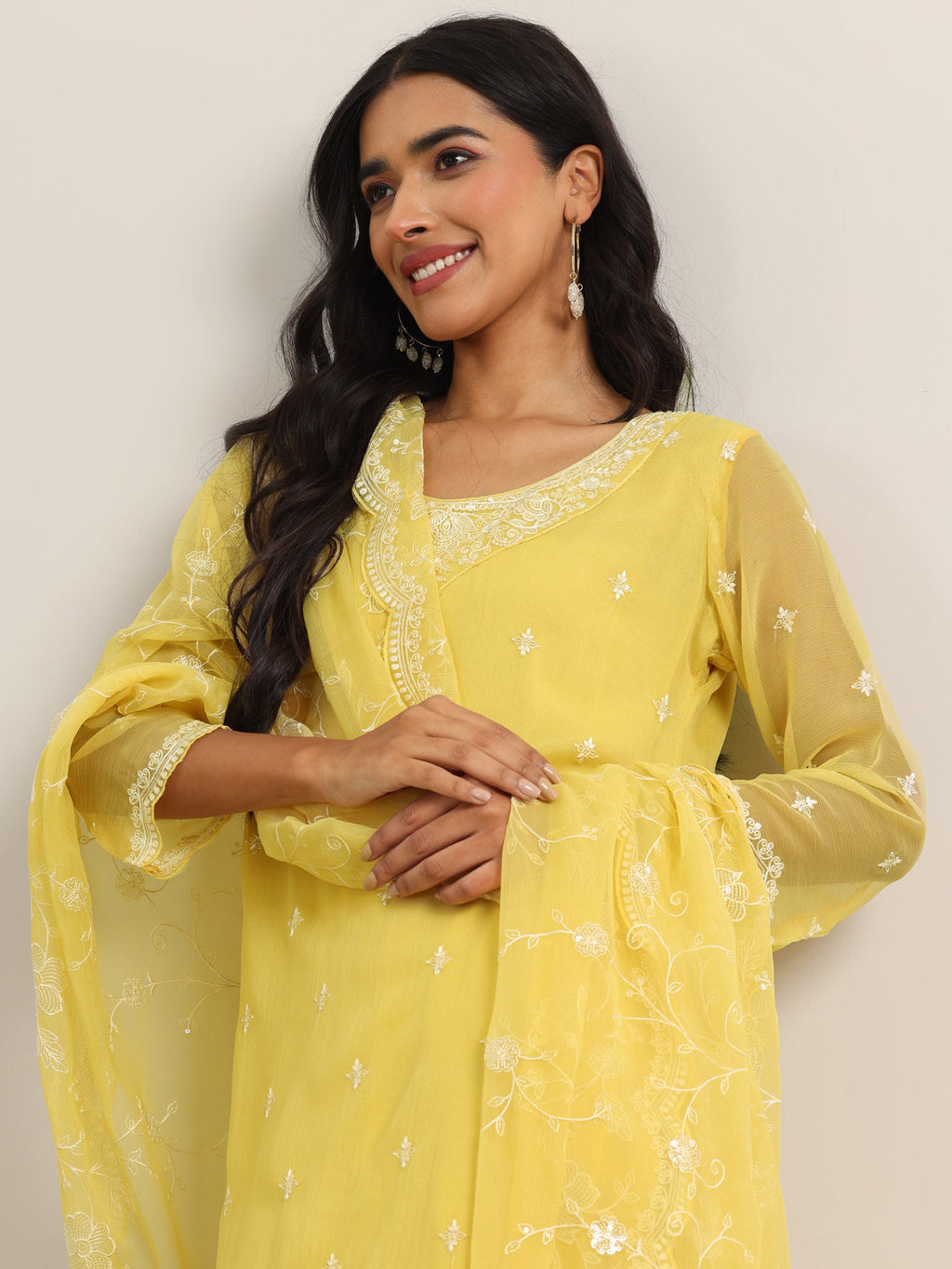 Libas Yellow Embroidered Poly Chiffon Straight Suit With Dupatta