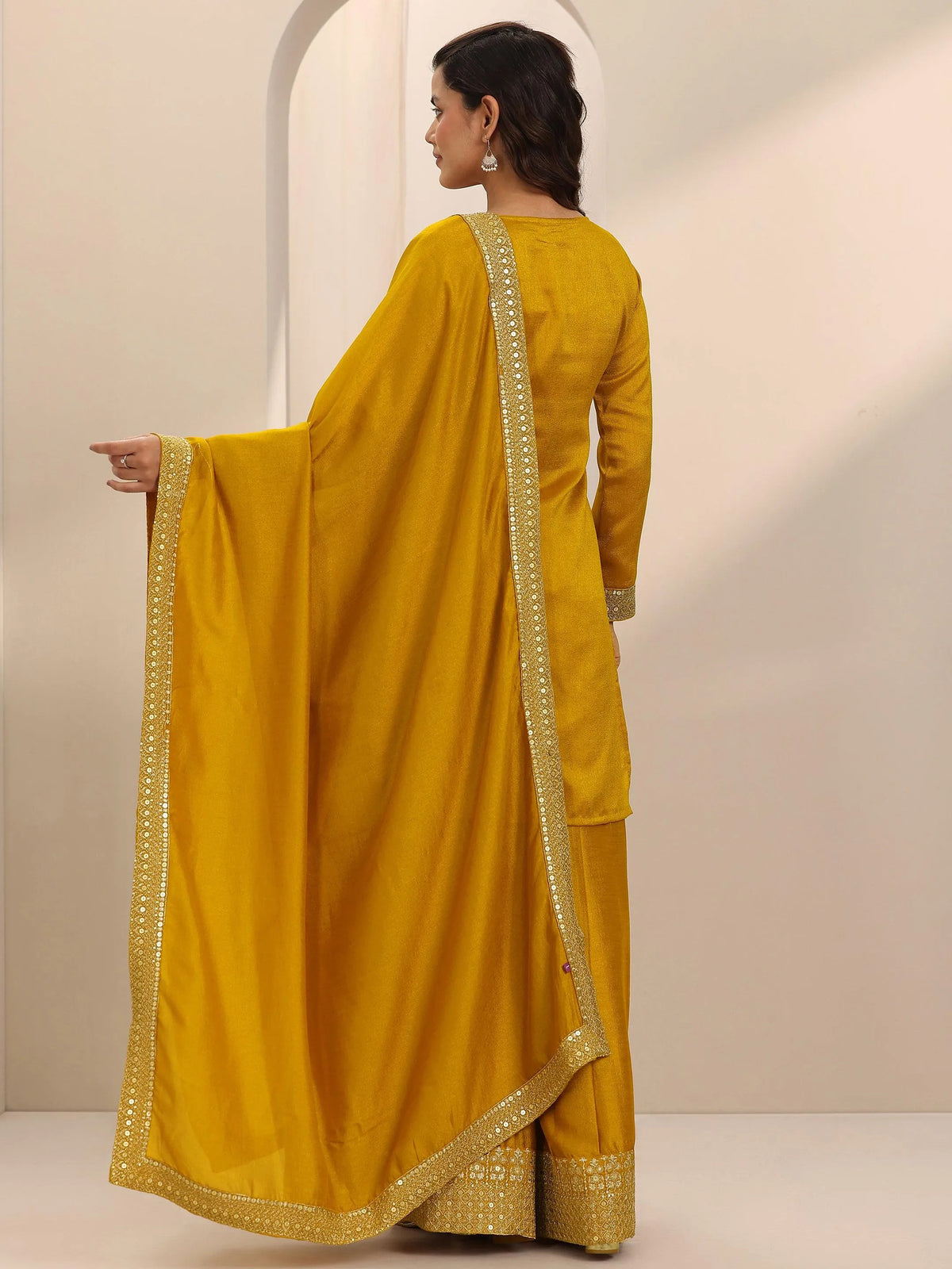 Libas Mustard Embellished Silk Blend Straight Suit Set With Dupatta