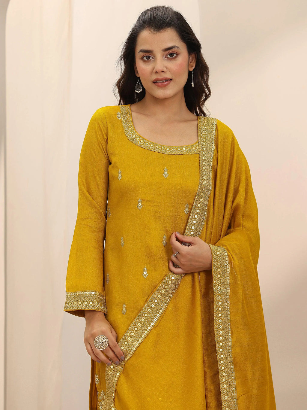 Libas Mustard Embellished Silk Blend Straight Suit Set With Dupatta